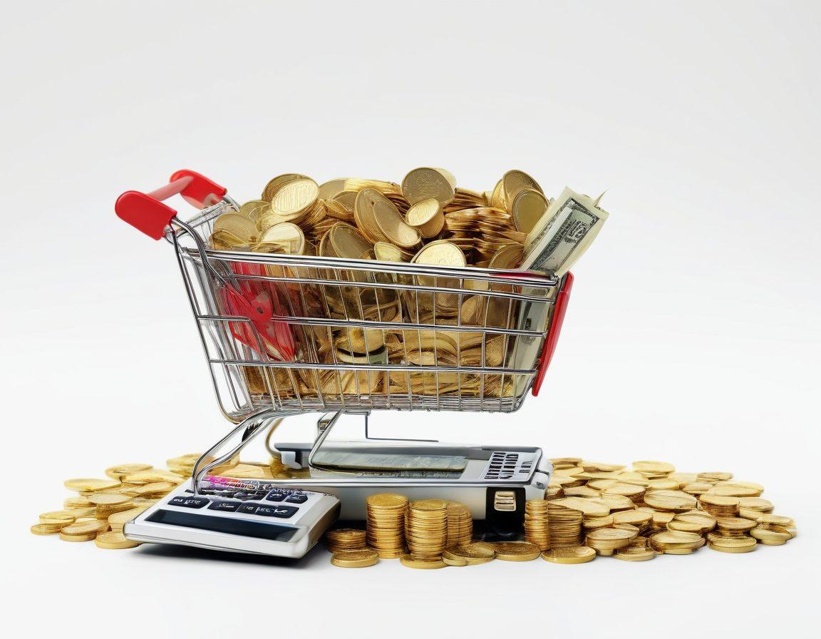 A dynamic montage of shopping cart filled with gold coins and cash, a calculator displaying profit margins, and a delivery box symbolizing fulfillment. Intertwined graphs showcasing upward trends symbolize success, all set against a backdrop of lively consumers enjoying their purchases. Bright and engaging colors to create an energetic atmosphere. super-realistic. vibrant colors. white background.