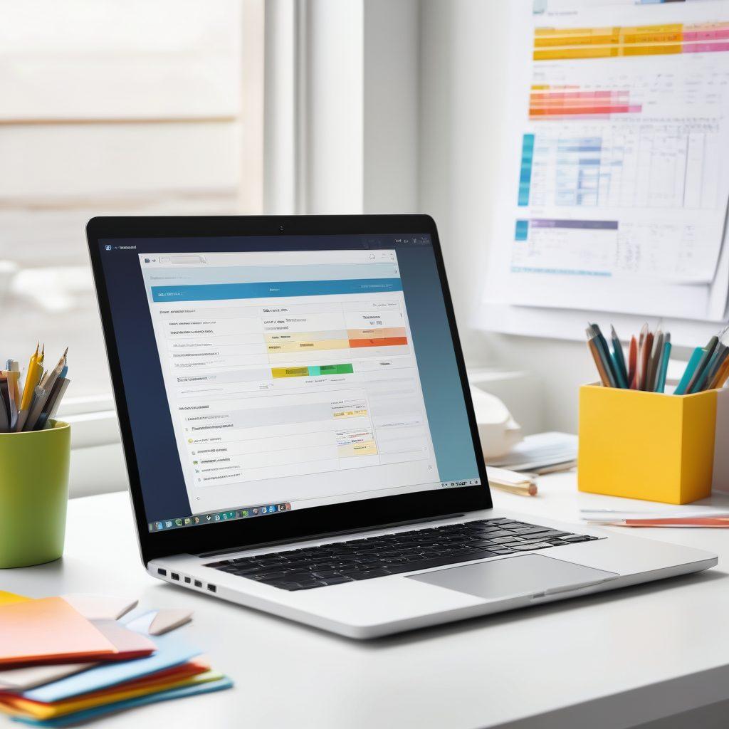 A dynamic scene showcasing an organized workspace with a laptop displaying a sleek order management dashboard. Surrounding elements include neatly stacked boxes symbolizing fulfilled orders, a calculator, and a notepad filled with notes. Bright colors highlight efficiency and productivity, while light beams emphasize clarity and focus. The atmosphere conveys a sense of mastery over order management. super-realistic. vibrant colors. white background.