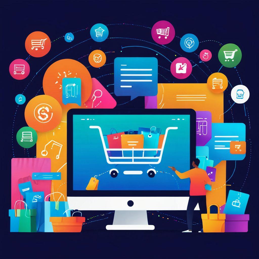 A dynamic and engaging illustration depicting a modern online shopping interface, bustling with happy customers navigating through a seamless order processing system. Include vivid icons representing various products, a shopping cart overflowing with items, and a virtual dashboard showcasing smooth transaction processes. Add elements of speed and efficiency through swirling lines or glowing effects to emphasize 'power.' Bright colors and a sleek design. super-realistic. vibrant colors.